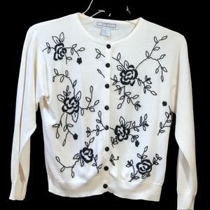 Dress Barn Ivory Cardigan with Black Embroidered and Beaded Flowers Size M